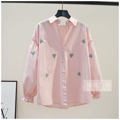 Small Fresh Cactus Embroidered Cotton Shirt Women's Light Blue Lantern Sleeve Shirt 2024 Autumn Loose Casual Top