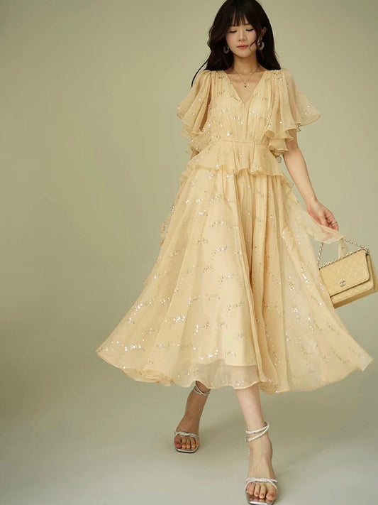 Aconiconi｜Old Dreams and Lights French-style sequined long dress with elegant atmosphere