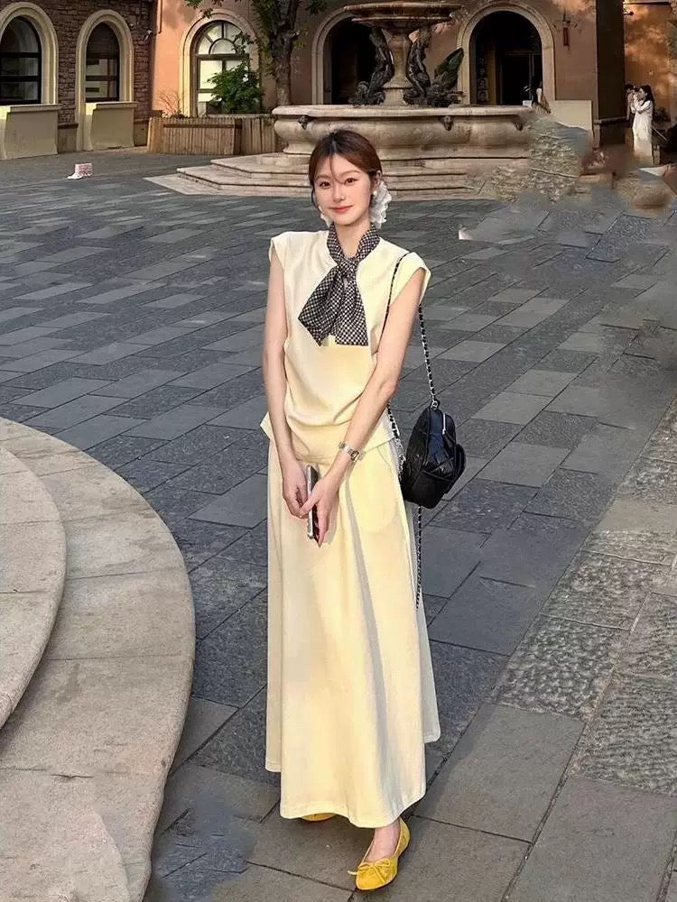 Summer new Korean style gentle outfit a complete set of versatile casual sleeveless tops elastic waist skirt two-piece suit