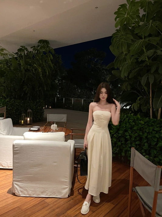 OKMA tube top dress women's summer waist slimming long skirt high-end temperament sexy pure lust off-the-shoulder skirt