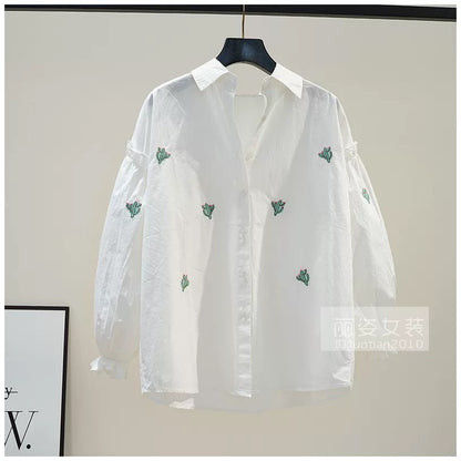 Small Fresh Cactus Embroidered Cotton Shirt Women's Light Blue Lantern Sleeve Shirt 2024 Autumn Loose Casual Top