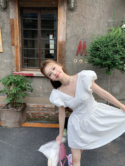 NIMO WANG v-neck French dress women's summer design niche big bow floral skirt puffy skirt