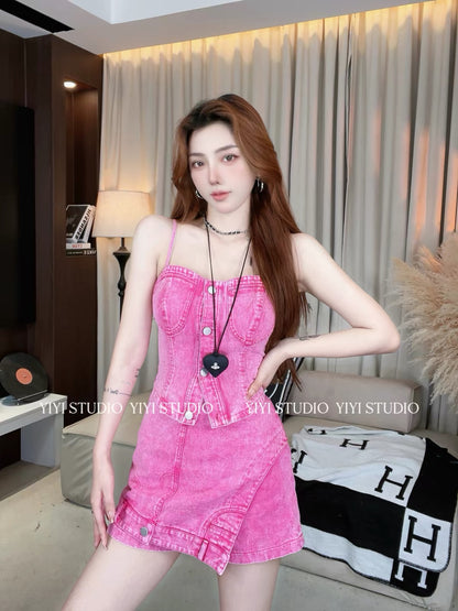 Neon Heartbeat] Stylish & Youthful Summer Set: High-Waisted Skort & Camisole with Unique Design – Versatile Style #89