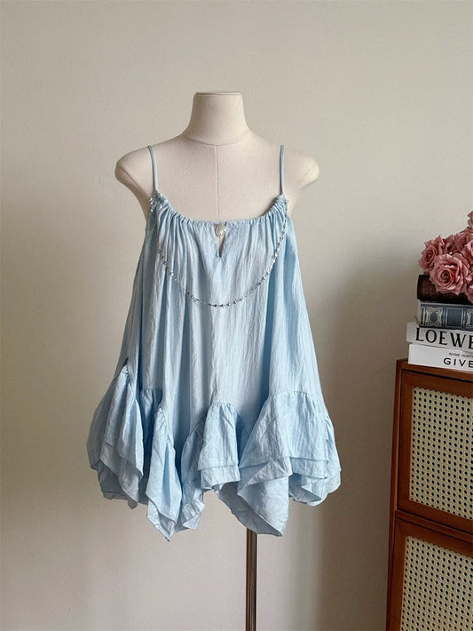 Duolaimei blue suspender dress female fairy seaside resort style puff skirt