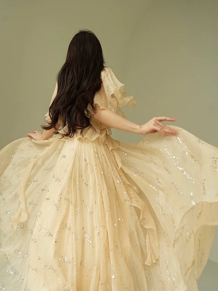 Aconiconi｜Old Dreams and Lights French-style sequined long dress with elegant atmosphere