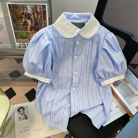 Japanese college style retro striped contrasting doll collar shirt for men and women, high-end small puff short-sleeved tops