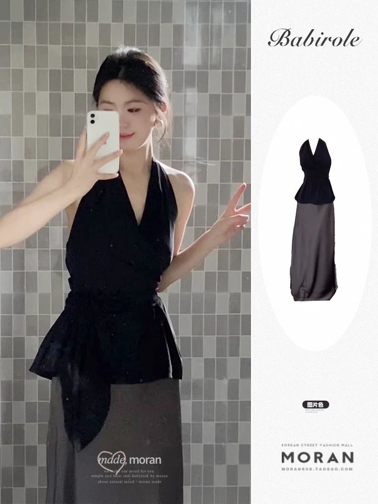 Korean style v-neck lace-up halter neck sleeveless vest top summer two-piece high waist irregular skirt long skirt suit