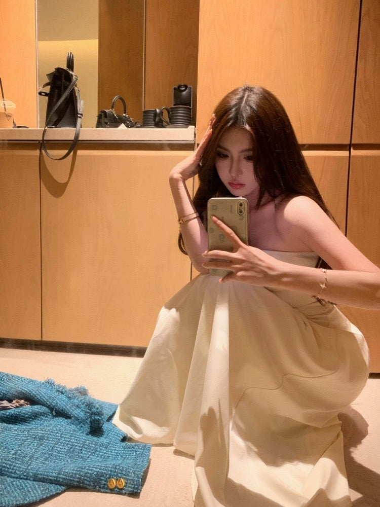 OKMA tube top dress women's summer waist slimming long skirt high-end temperament sexy pure lust off-the-shoulder skirt