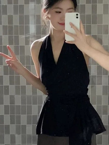 Korean style v-neck lace-up halter neck sleeveless vest top summer two-piece high waist irregular skirt long skirt suit