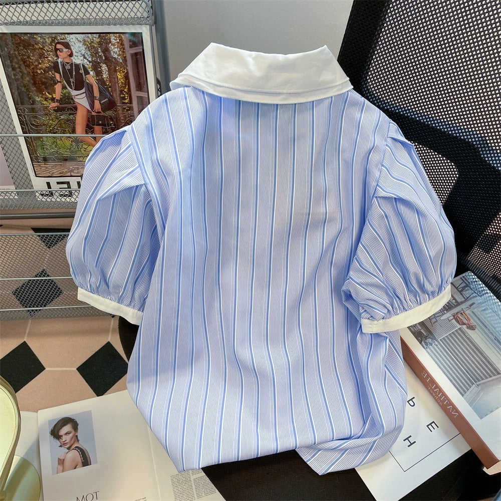 Japanese college style retro striped contrasting doll collar shirt for men and women, high-end small puff short-sleeved tops