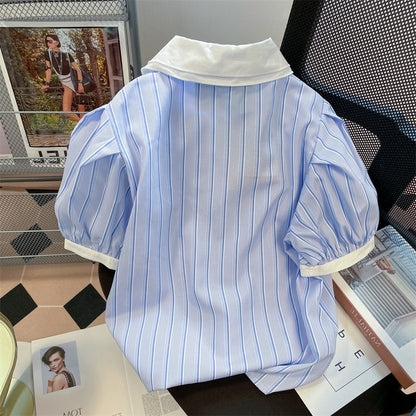 Japanese college style retro striped contrasting doll collar shirt for men and women, high-end small puff short-sleeved tops