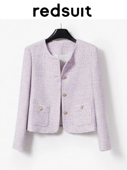 Redsuit lavender temperament sweet tweed small Chanel style round neck short jacket high-end feeling super good-looking top