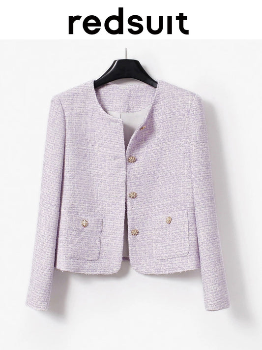 Redsuit lavender temperament sweet tweed small Chanel style round neck short jacket high-end feeling super good-looking top