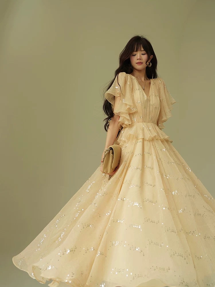 Aconiconi｜Old Dreams and Lights French-style sequined long dress with elegant atmosphere