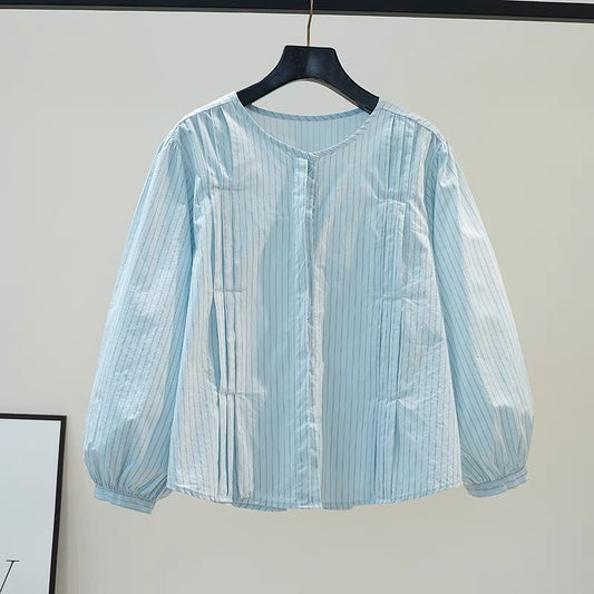 Light blue striped shirt women's round neck lantern sleeve loose shirt 2024 autumn design pleated versatile top