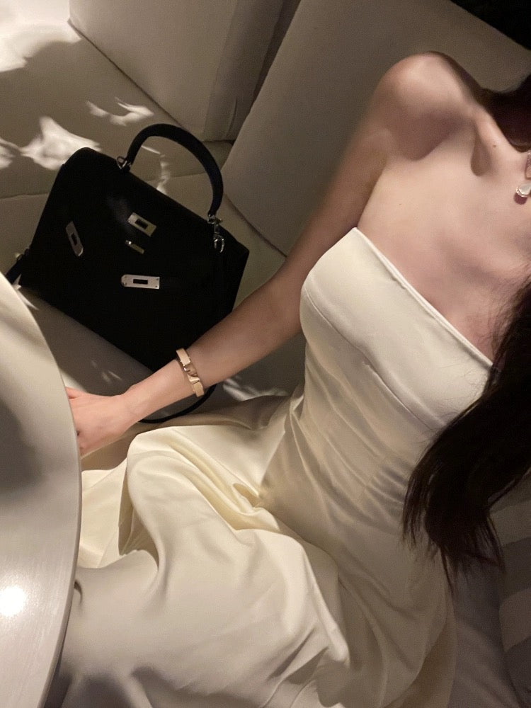 OKMA tube top dress women's summer waist slimming long skirt high-end temperament sexy pure lust off-the-shoulder skirt
