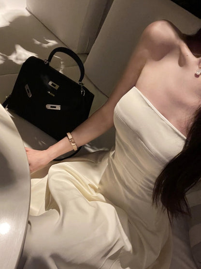 OKMA tube top dress women's summer waist slimming long skirt high-end temperament sexy pure lust off-the-shoulder skirt