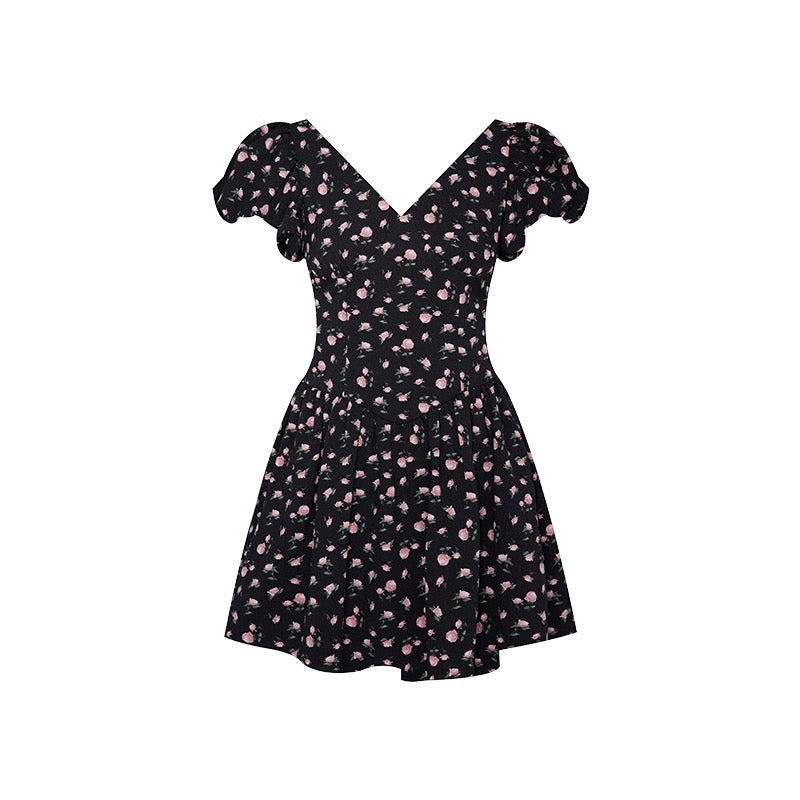 NIMO WANG v-neck French dress women's summer design niche big bow floral skirt puffy skirt