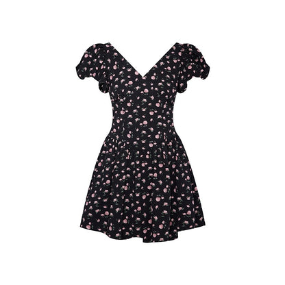 NIMO WANG v-neck French dress women's summer design niche big bow floral skirt puffy skirt