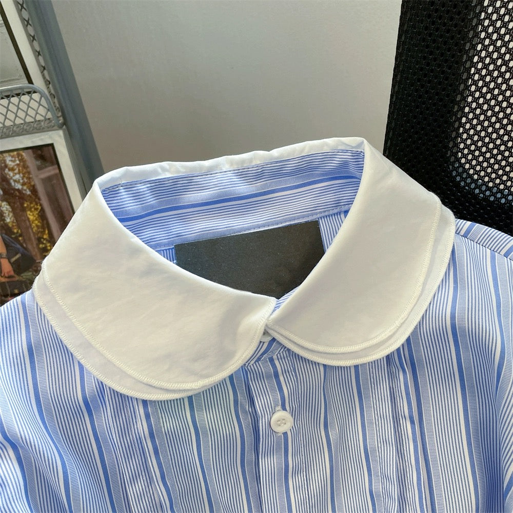 Japanese college style retro striped contrasting doll collar shirt for men and women, high-end small puff short-sleeved tops