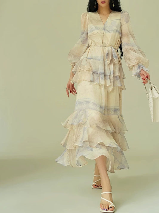 Aconiconi｜Yanlan French print romantic and high-end atmosphere seaside holiday ruffle maxi dress