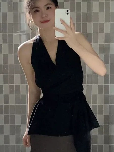 Korean style v-neck lace-up halter neck sleeveless vest top summer two-piece high waist irregular skirt long skirt suit