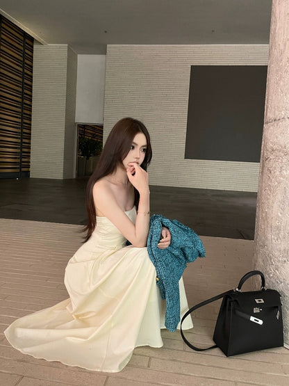 OKMA tube top dress women's summer waist slimming long skirt high-end temperament sexy pure lust off-the-shoulder skirt