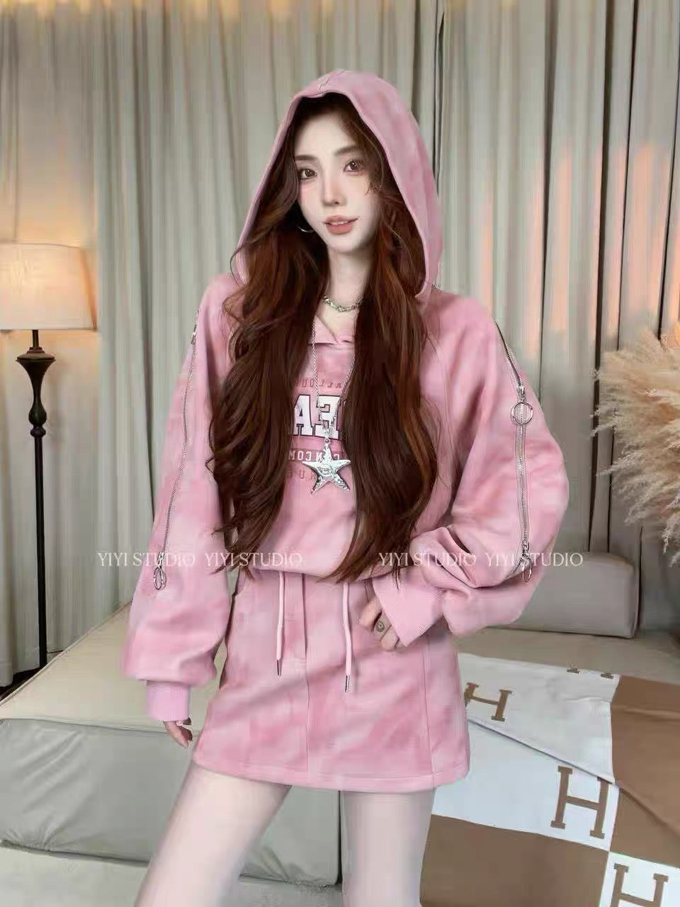 [Fantasy Player] Autumn Set: Soft & Cozy Letter-Print Hoodie & High-Waisted Skirt with Unique Design Details #150