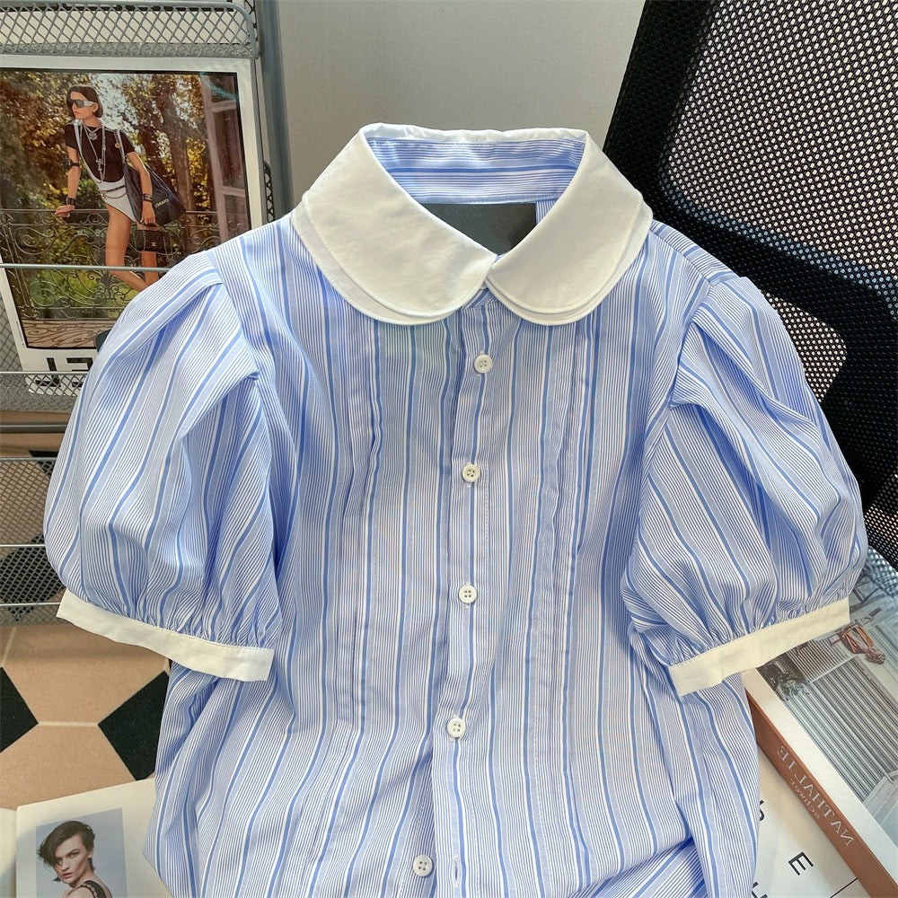 Japanese college style retro striped contrasting doll collar shirt for men and women, high-end small puff short-sleeved tops