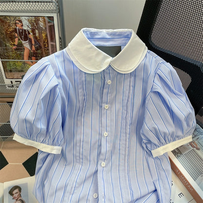 Japanese college style retro striped contrasting doll collar shirt for men and women, high-end small puff short-sleeved tops