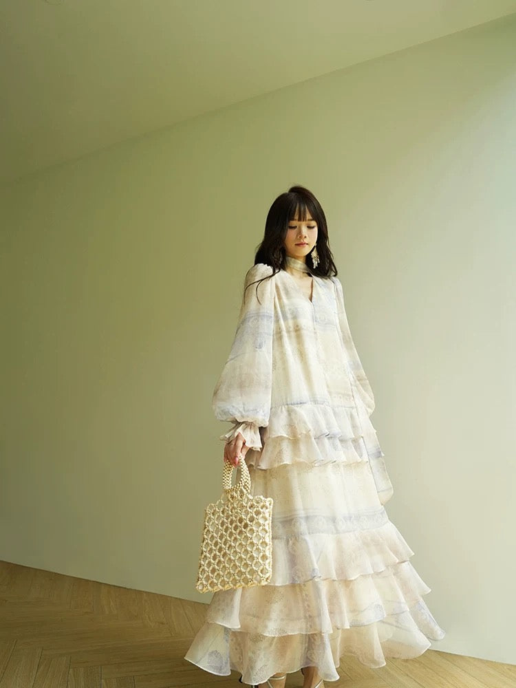 Aconiconi｜Yanlan French print romantic and high-end atmosphere seaside holiday ruffle maxi dress