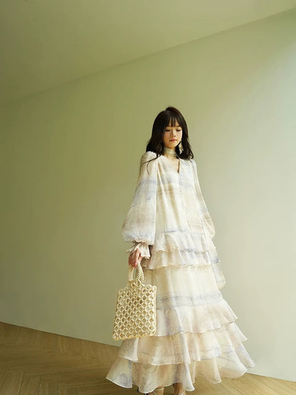 Aconiconi｜Yanlan French print romantic and high-end atmosphere seaside holiday ruffle maxi dress