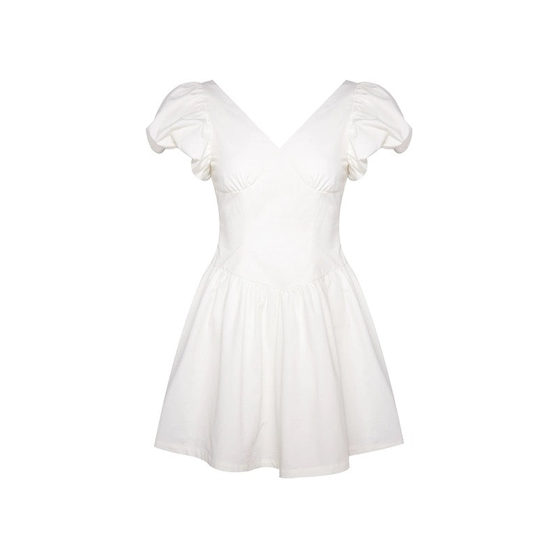 NIMO WANG v-neck French dress women's summer design niche big bow floral skirt puffy skirt