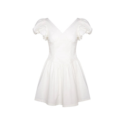 NIMO WANG v-neck French dress women's summer design niche big bow floral skirt puffy skirt