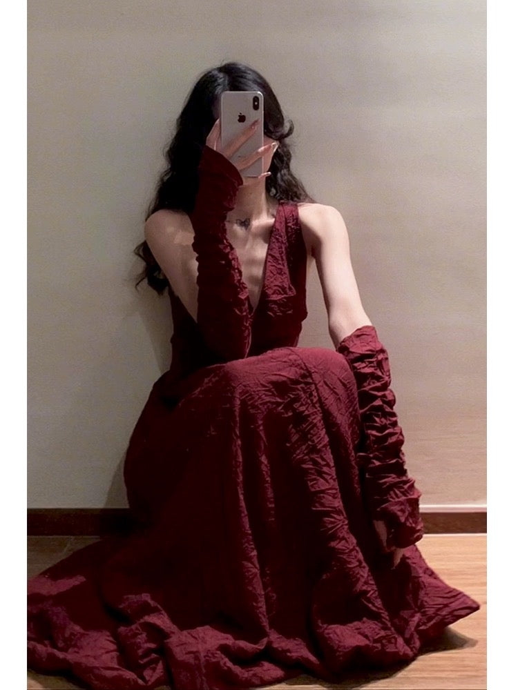 Phantom Fairy Seaside Vacation Strap Beach Long Dress Waist Slimming Swing V-neck Dress Red Dress Summer