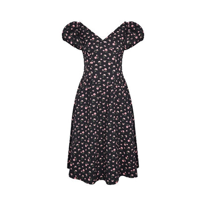 NIMO WANG v-neck French dress women's summer design niche big bow floral skirt puffy skirt