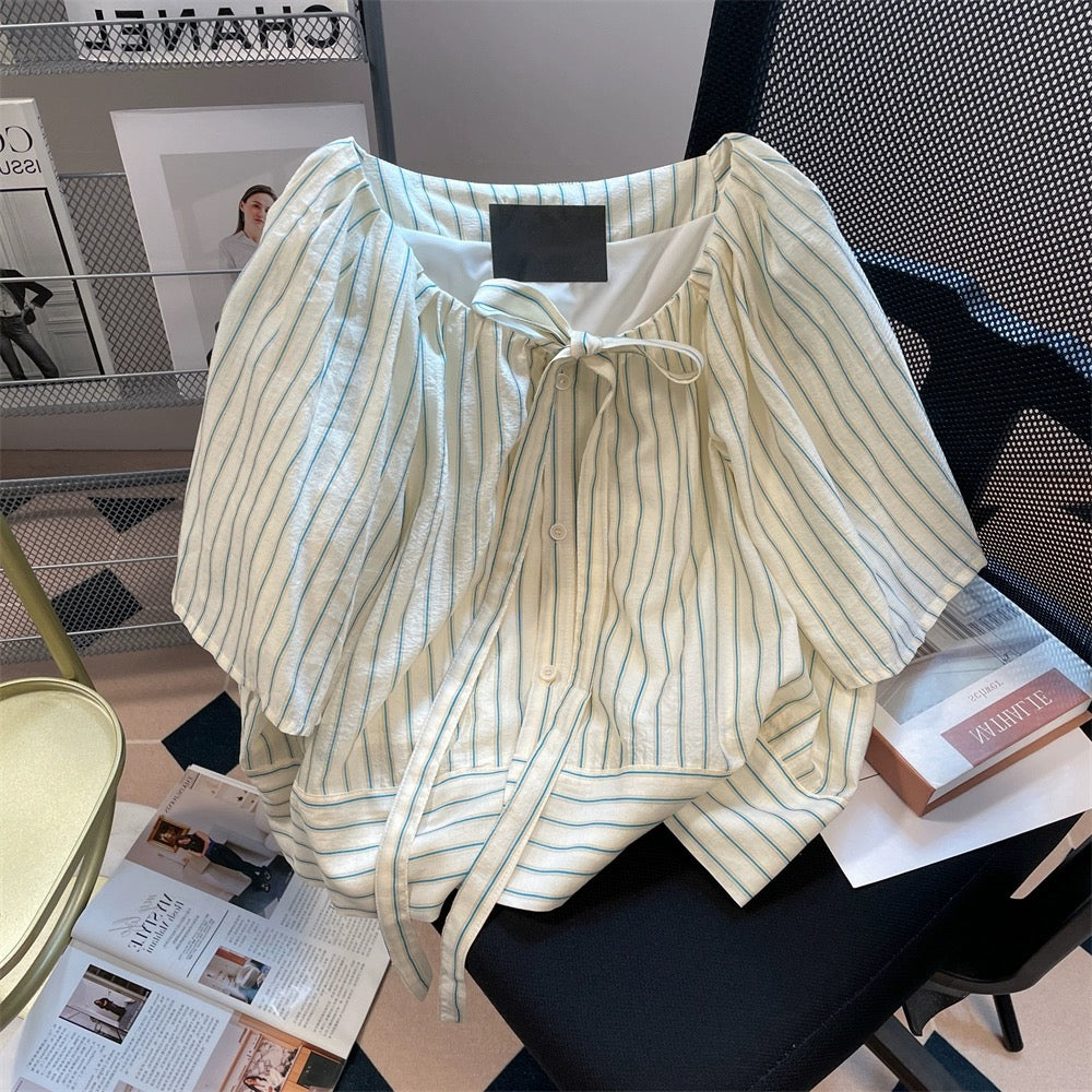 French style vertical striped strappy short-sleeved shirt for men and women in summer, sweet and gentle, age-reducing tops for petites