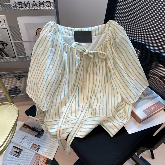 French style vertical striped strappy short-sleeved shirt for men and women in summer, sweet and gentle, age-reducing tops for petites