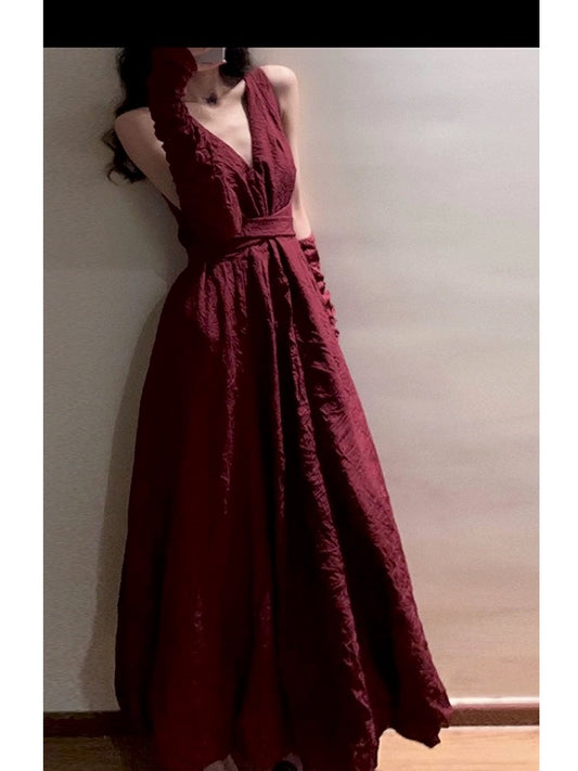 Phantom Fairy Seaside Vacation Strap Beach Long Dress Waist Slimming Swing V-neck Dress Red Dress Summer