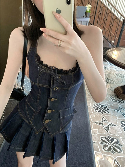 NIMO WANG denim suit for women 2024 new summer dress with a complete set of fashionable two-piece suit skirt
