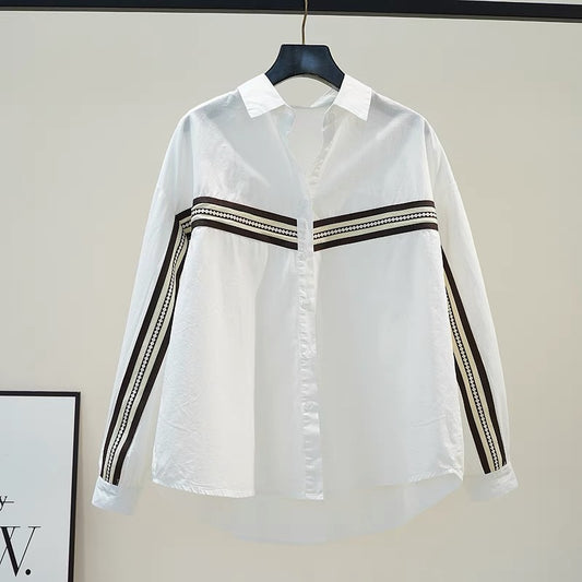 Design sense striped white cotton shirt women's loose long-sleeved shirt 2024 autumn new literary style top trend
