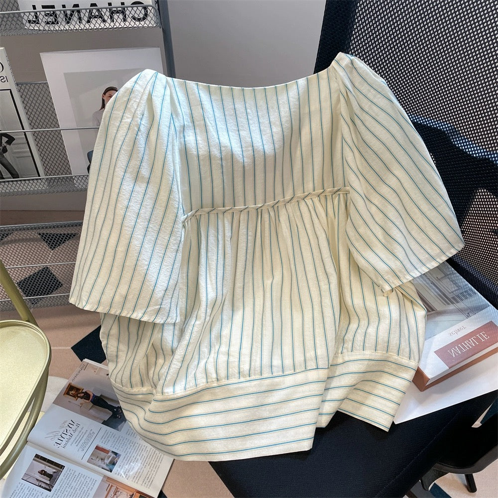 French style vertical striped strappy short-sleeved shirt for men and women in summer, sweet and gentle, age-reducing tops for petites