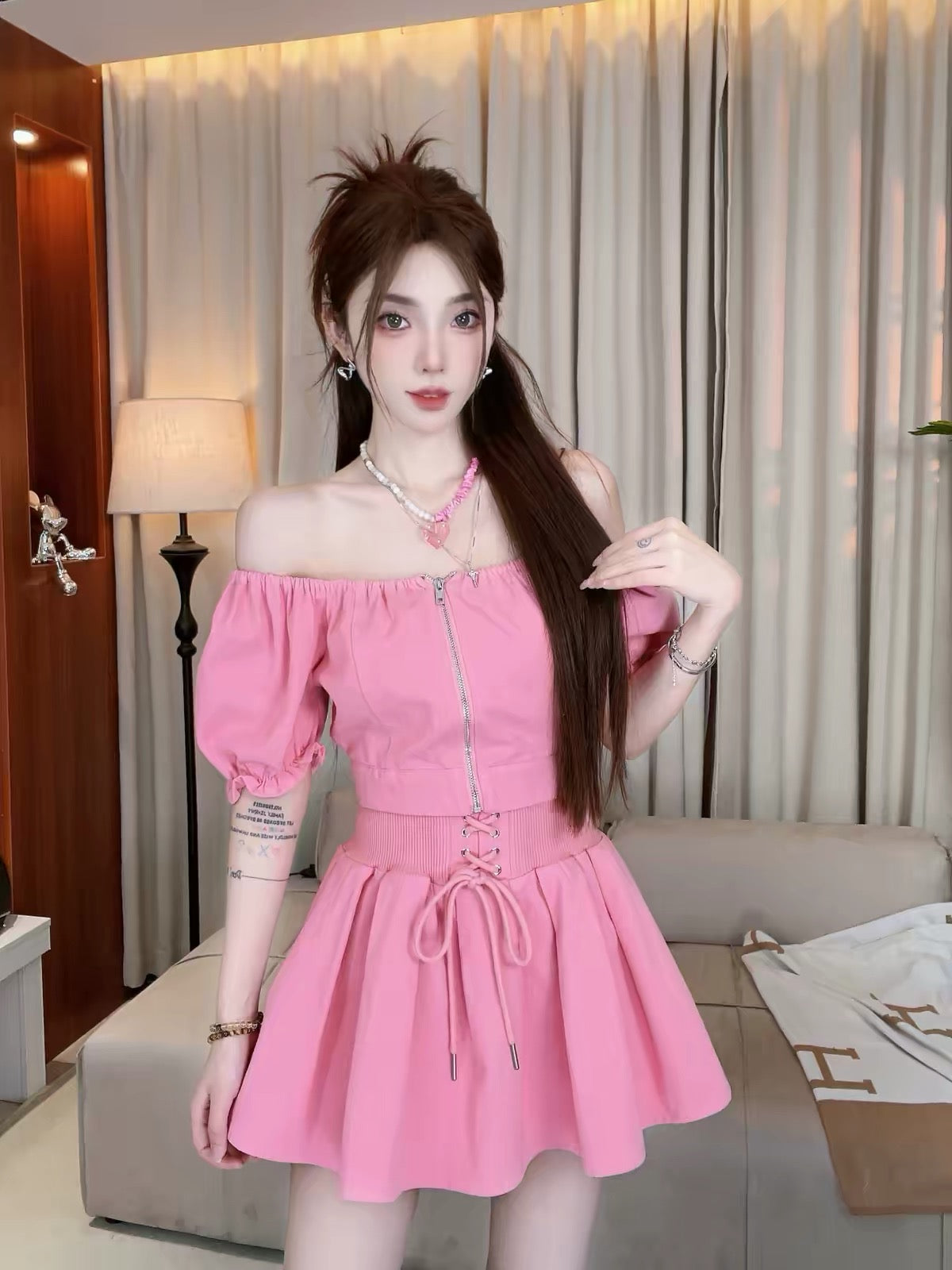 Mist & Haze] Summer Stylish Two-Piece Set: Slim-Fit Puff-Sleeve Top & High-Waisted Skort #47