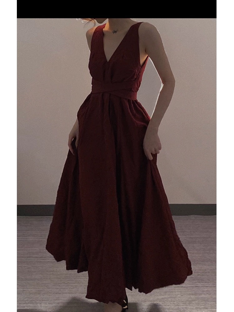 Phantom Fairy Seaside Vacation Strap Beach Long Dress Waist Slimming Swing V-neck Dress Red Dress Summer