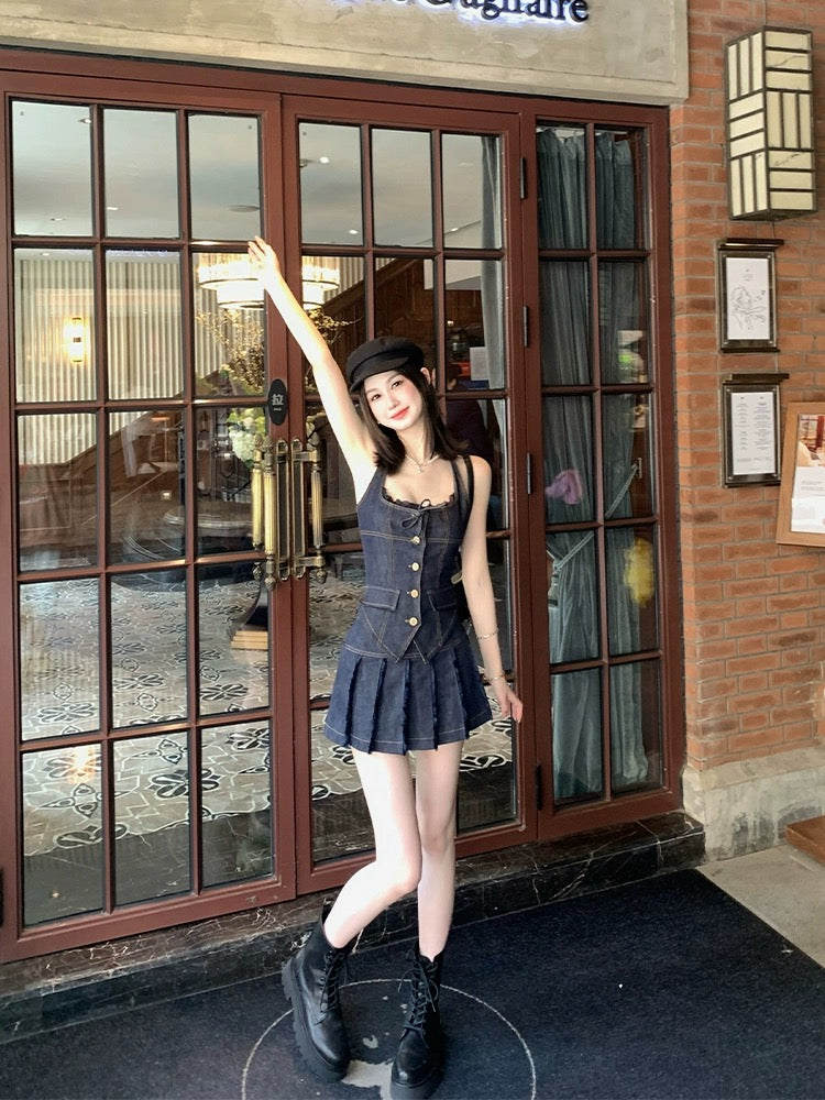 NIMO WANG denim suit for women 2024 new summer dress with a complete set of fashionable two-piece suit skirt