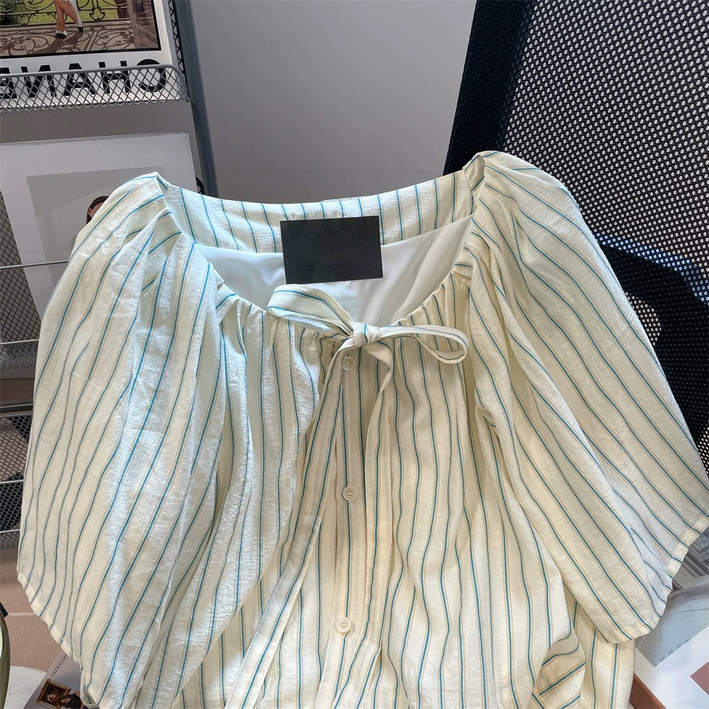 French style vertical striped strappy short-sleeved shirt for men and women in summer, sweet and gentle, age-reducing tops for petites
