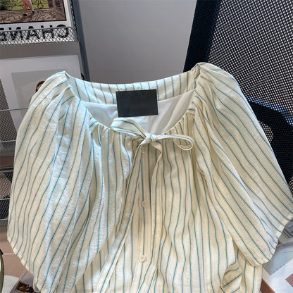 French style vertical striped strappy short-sleeved shirt for men and women in summer, sweet and gentle, age-reducing tops for petites