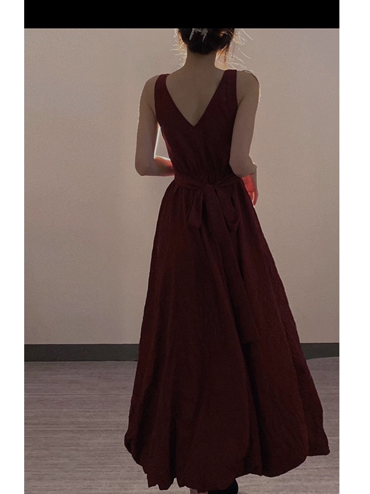 Phantom Fairy Seaside Vacation Strap Beach Long Dress Waist Slimming Swing V-neck Dress Red Dress Summer