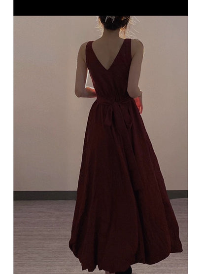 Phantom Fairy Seaside Vacation Strap Beach Long Dress Waist Slimming Swing V-neck Dress Red Dress Summer