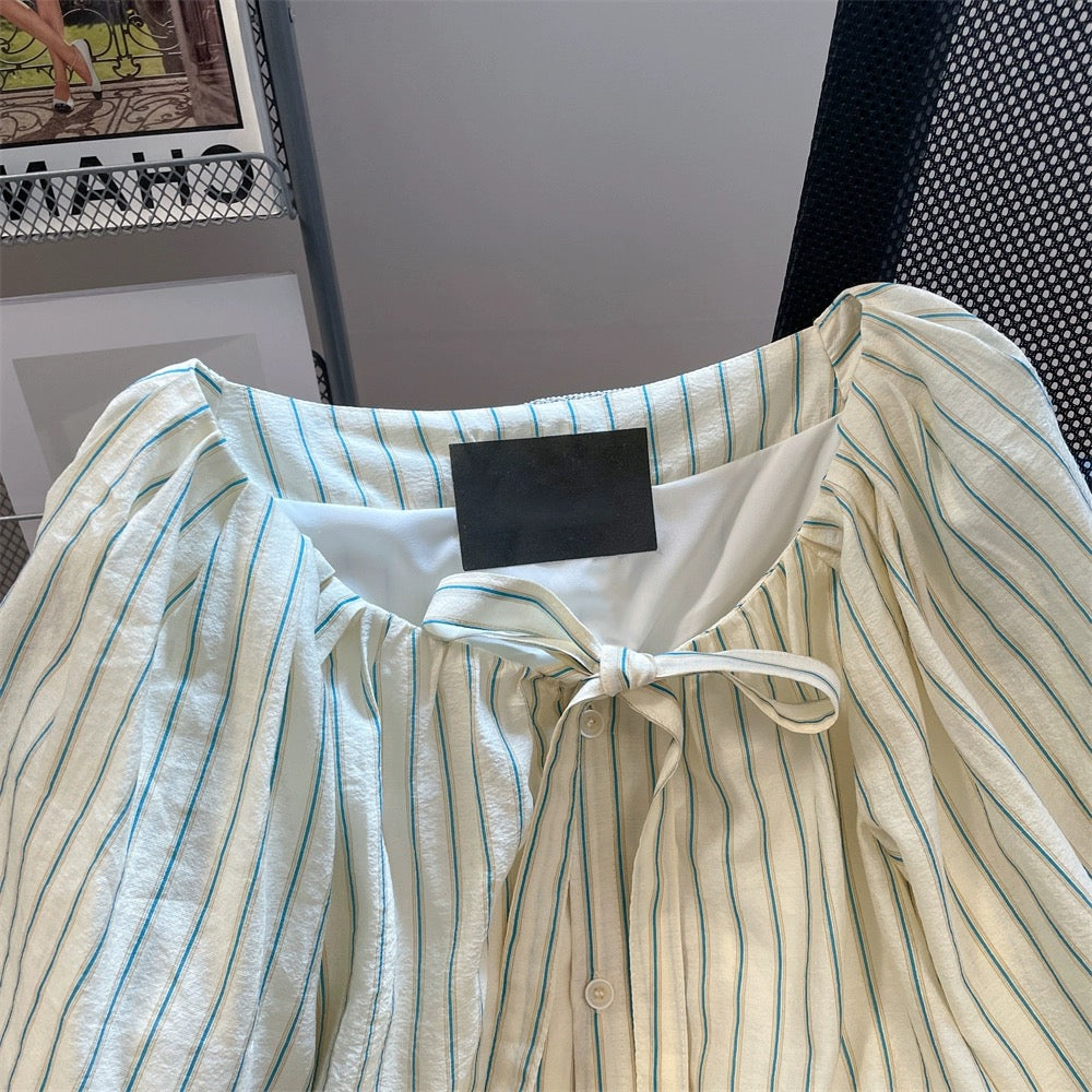 French style vertical striped strappy short-sleeved shirt for men and women in summer, sweet and gentle, age-reducing tops for petites